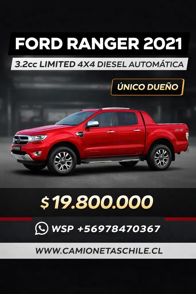 $19.500.000 2021 .. FORD RANGER LIMITED AUTOMATICA DIESEL 4X4 3.2CC (SOLO USO PARTICULAR, 1 DUEÑO)